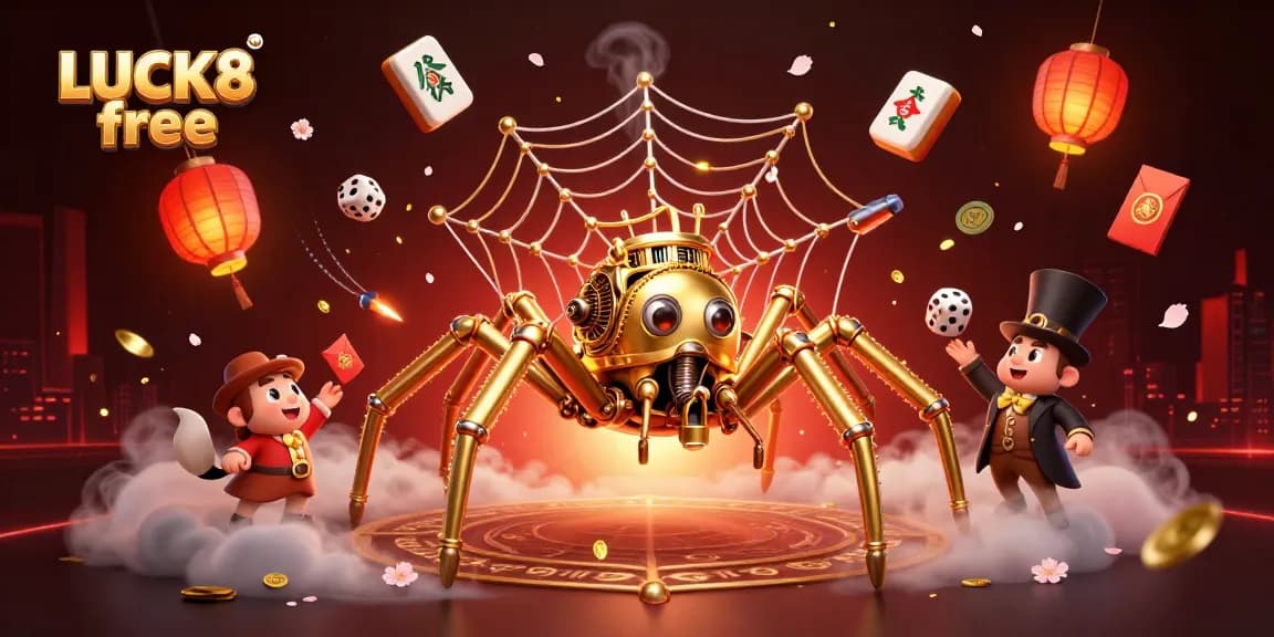 Engage with LUCK8 free through a vibrant 3D illustration depicting a whimsical casino scene featuring golden elements and a playful atmosphere.