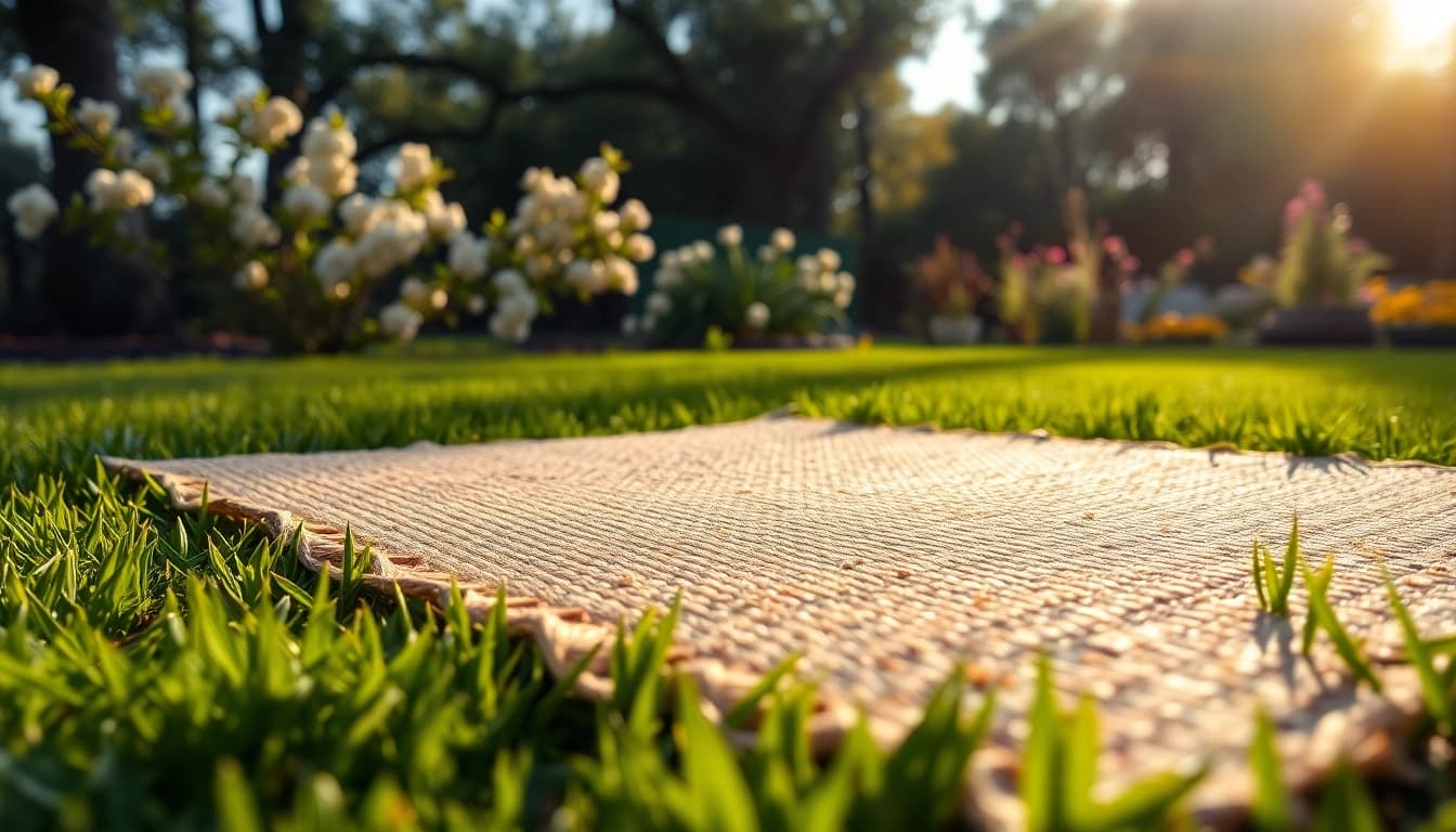 Hanfmatte auf grünem Rasen im Garten mit blühenden Blumen.
