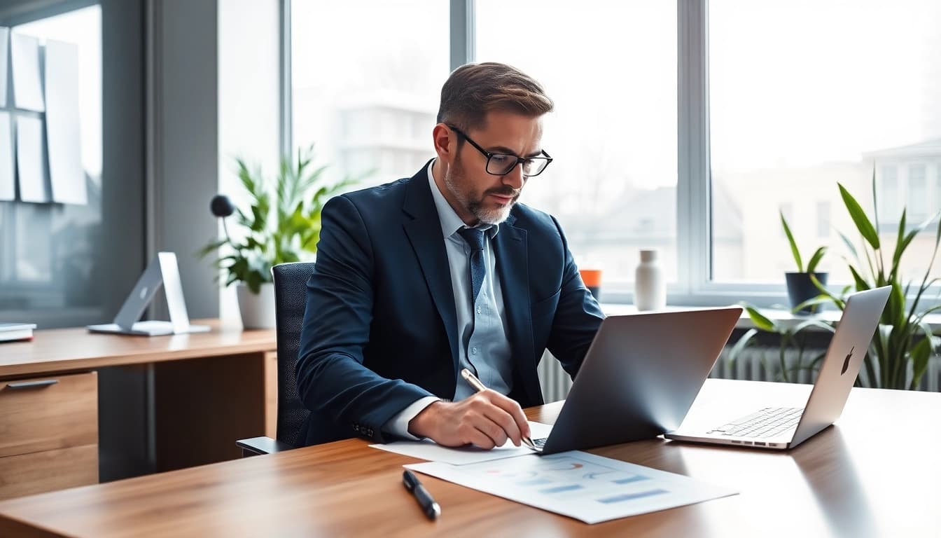 Headhunter Wuppertal berät Kunden in einem modernen Büro umgeben von Notizen und Technologien.