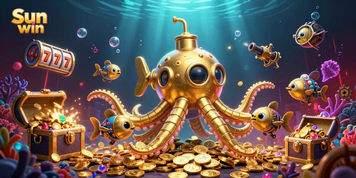 Engage with Sun win slots featuring a golden kraken submarine amidst treasure and dynamic game elements.