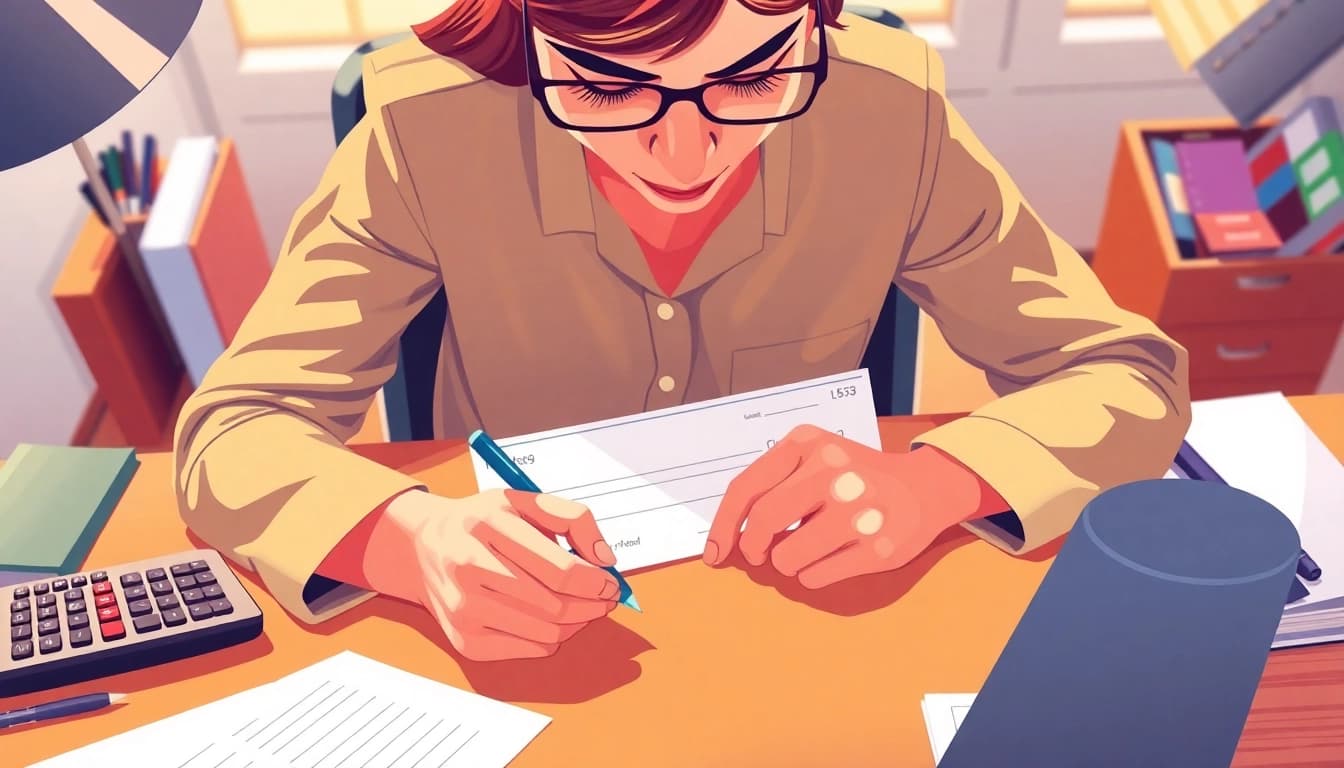 Person carefully writing a bank check at an organized desk, symbolizing the importance of a financial check.