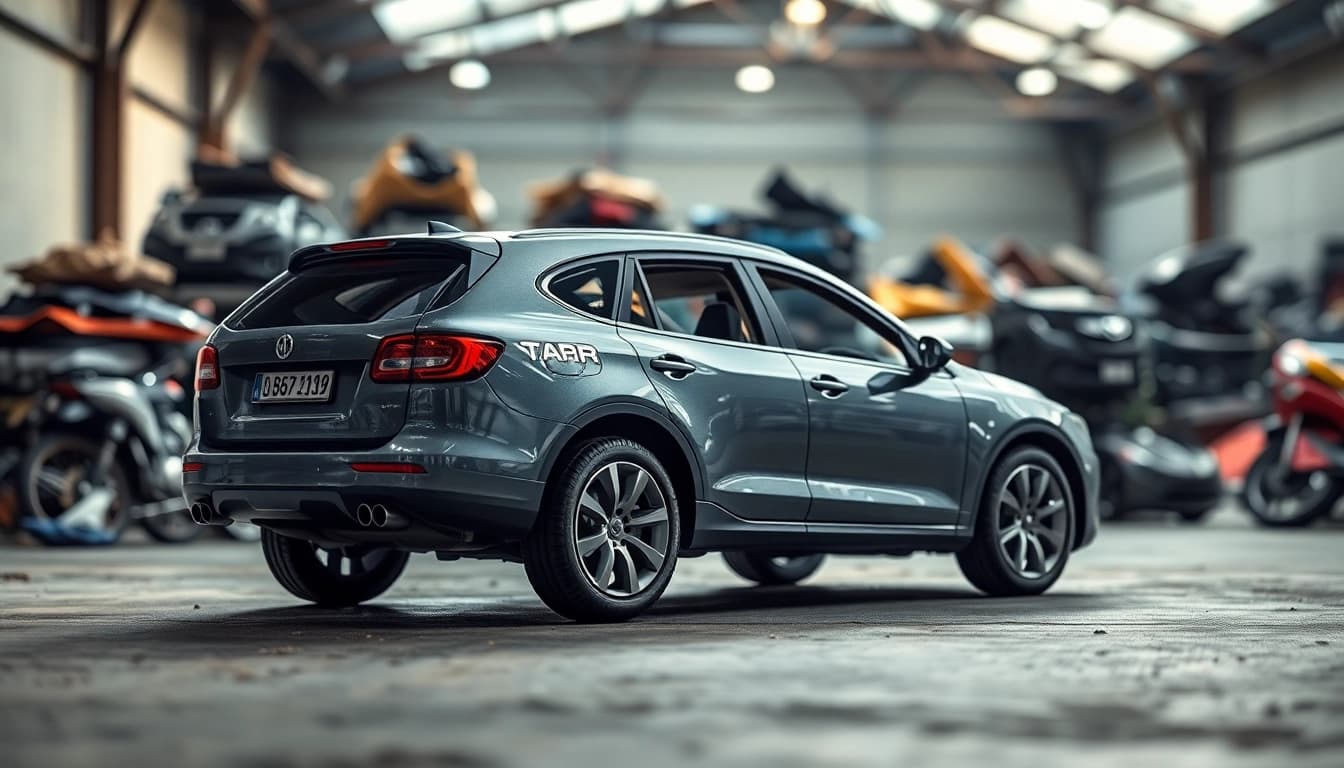 Autoverschrottung: Sicht auf ein Fahrzeug, das für die Schrottverwertung vorbereitet ist, umgeben von Schrottmaterial.