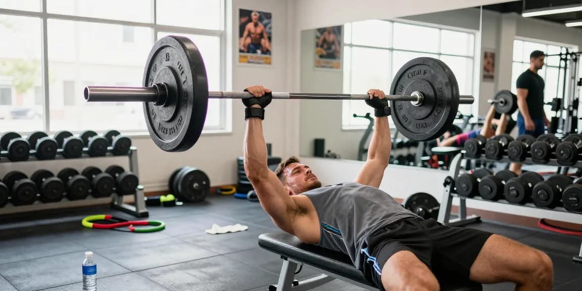 Bodybuilder im Anabolika Shop beim Krafttraining mit Langhantel und Equipment in einem hellen Fitnessstudio.