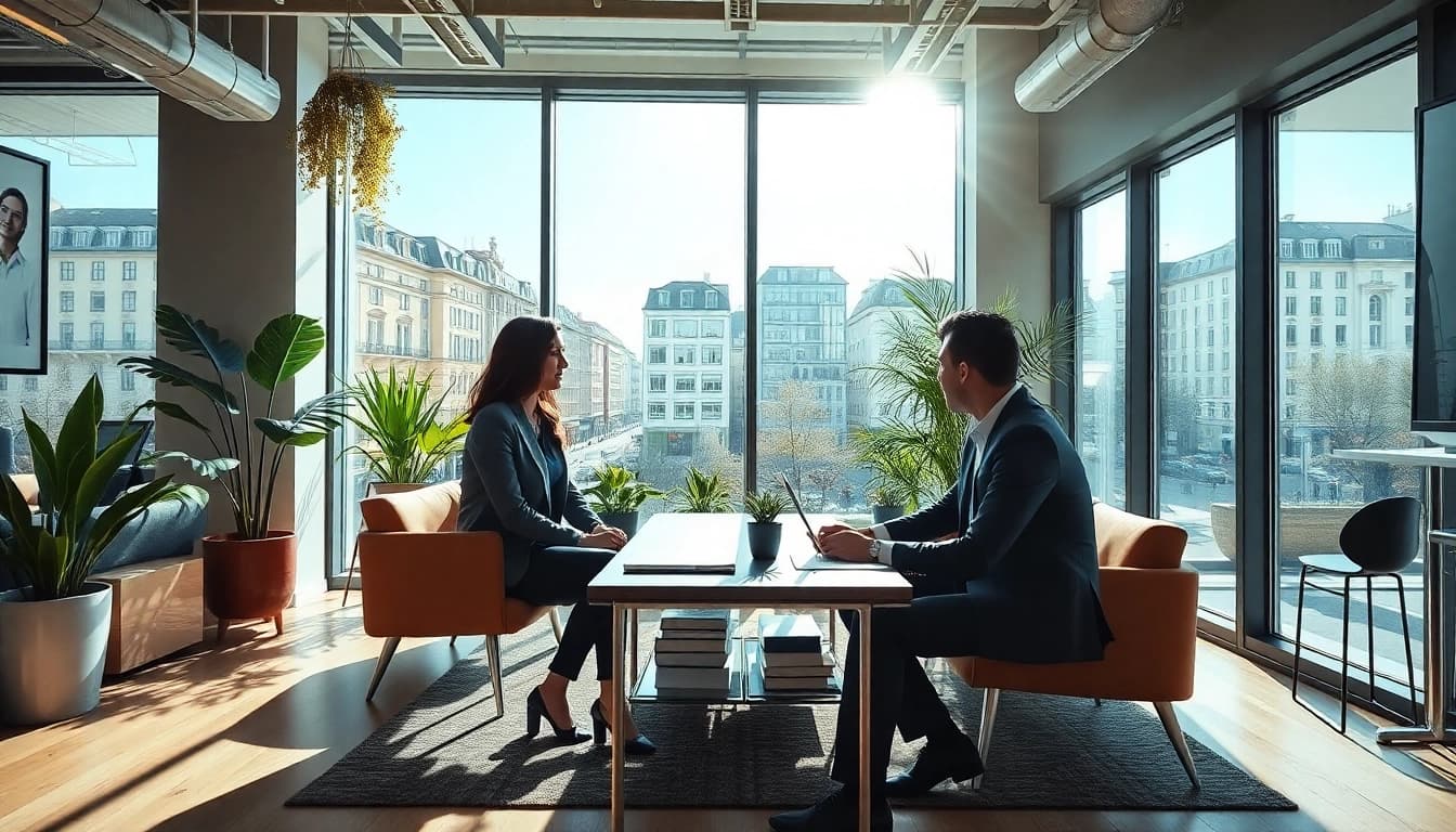 Immobilienmakler Frankfurt Eschersheim präsentiert beeindruckende Immobilien in einem modernen Büro.