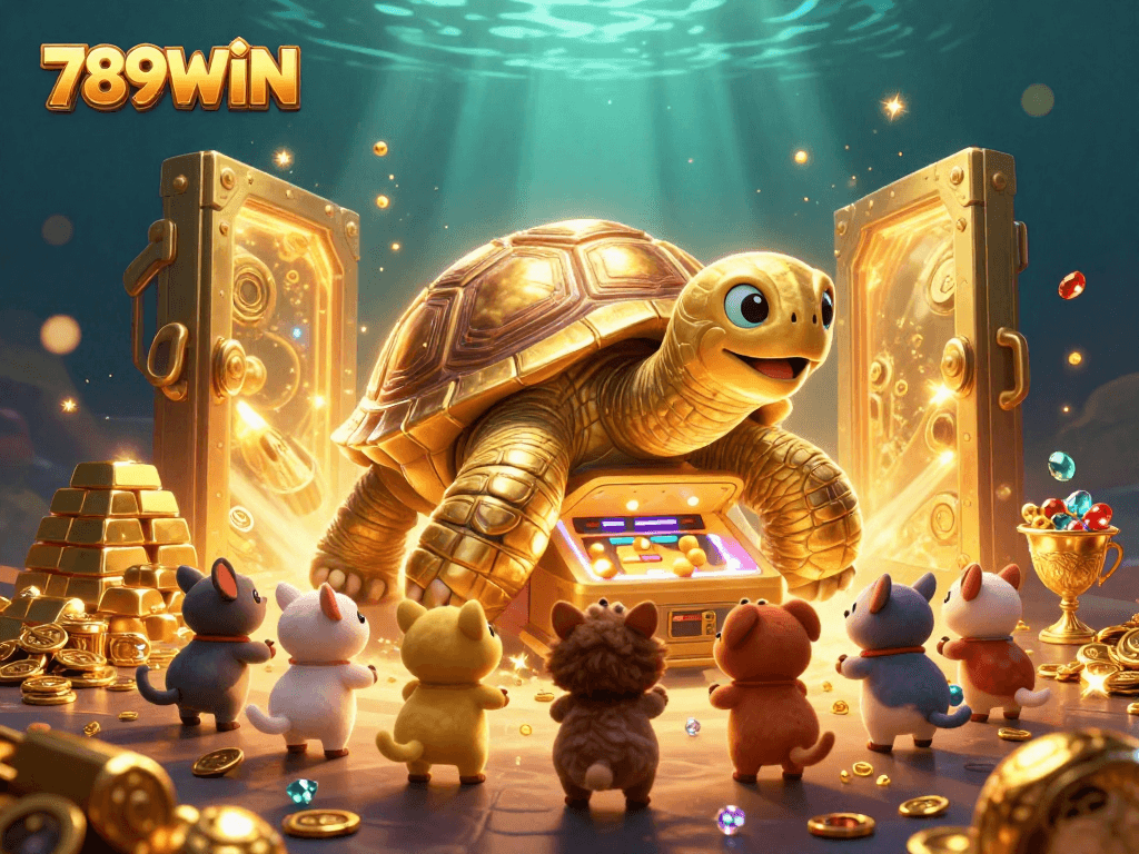 Experience thrilling gameplay with 789WIN featuring a golden tortoise pinball machine and treasures.