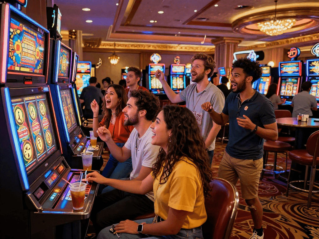 Group enjoying rokok88 slot login experience in a lively casino setting.