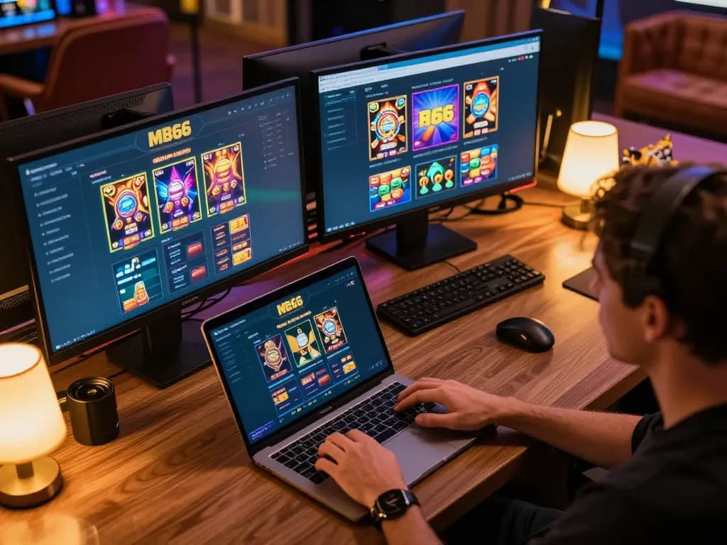 Player engaging in MB66 online gaming with poker interface on laptop, creating an exciting home casino atmosphere.