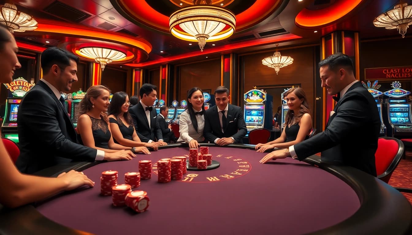 Experience the excitement of trang chủ 33win with lively casino scenes showing poker chip stacks and roulette.