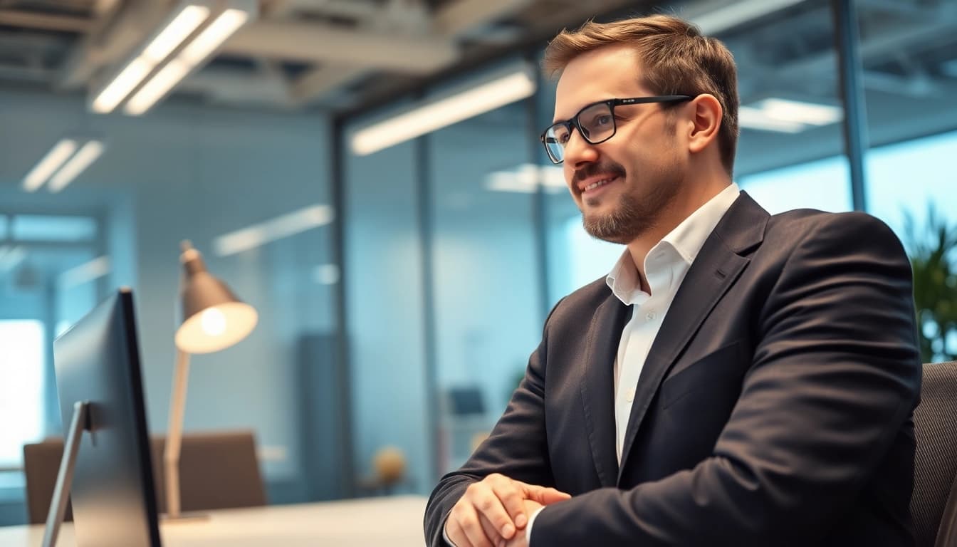 Headhunter IT berät einen Kandidaten während eines Gesprächs in einem modernen Büro.