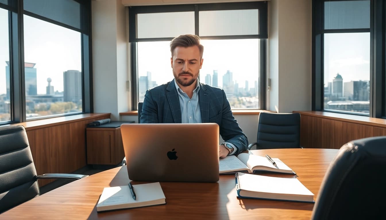 Headhunter Düsseldorf analysiert Bewerbungsunterlagen in modernem Büro.
