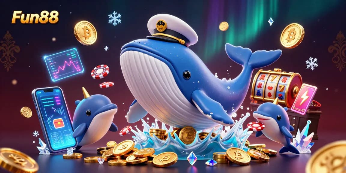 Win exciting rewards and jackpots with Fun88's vibrant casino scene illustration, featuring a playful whale and dolphins.