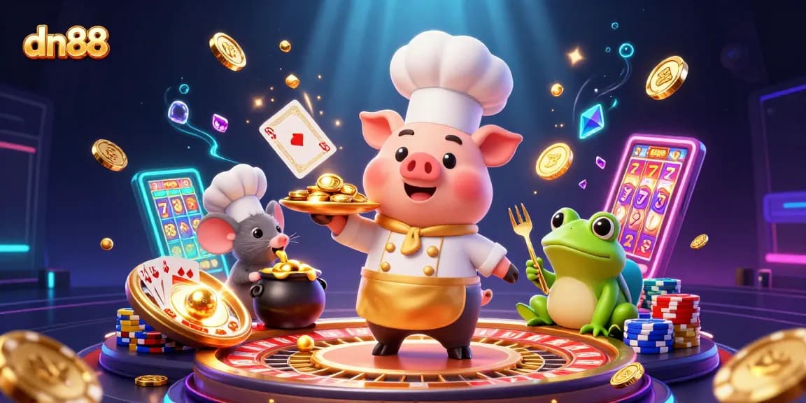 Engage with dn88's thrilling casino scene featuring dynamic characters serving gold coins amid sparkling gems and a roulette wheel.