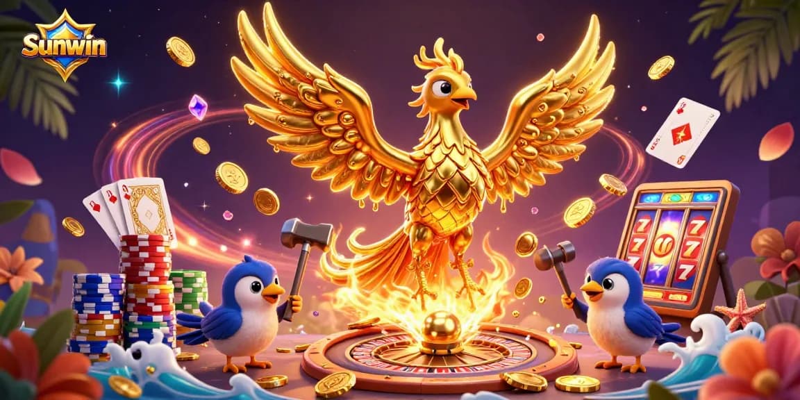 Engage in thrilling gameplay at Sunwin, witness a golden phoenix amidst cascading coins and vibrant casino elements.