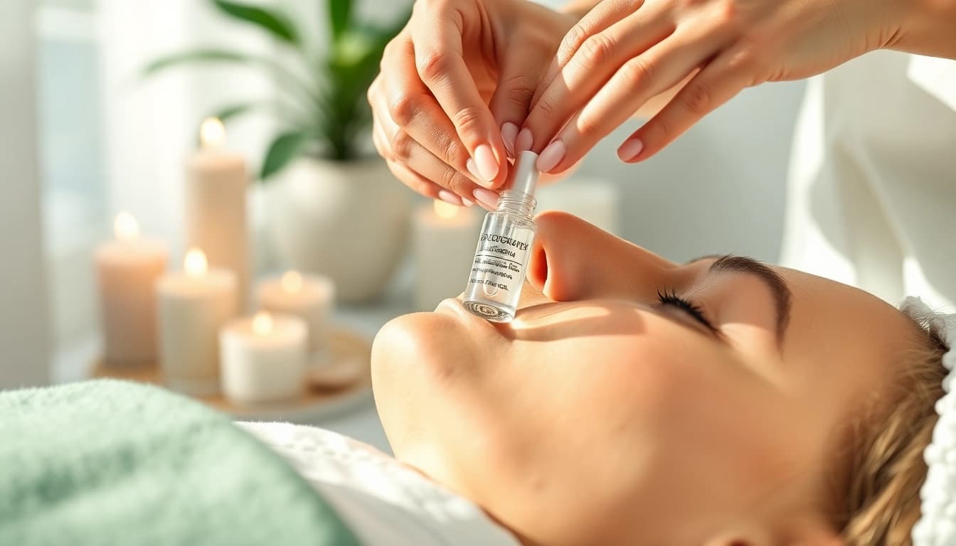 Verwöhnende Anwendung von mesotherapie produkte zur Hautverjüngung in einer ruhigen Spa-Umgebung.