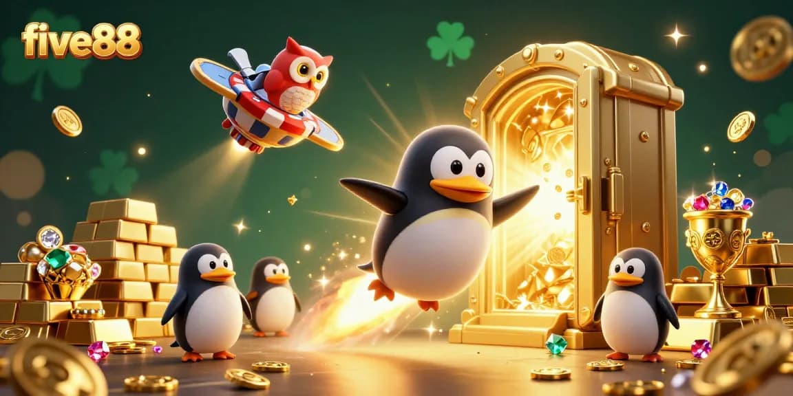 Experience the excitement of five88 as a golden penguin races towards a casino space station filled with treasures.