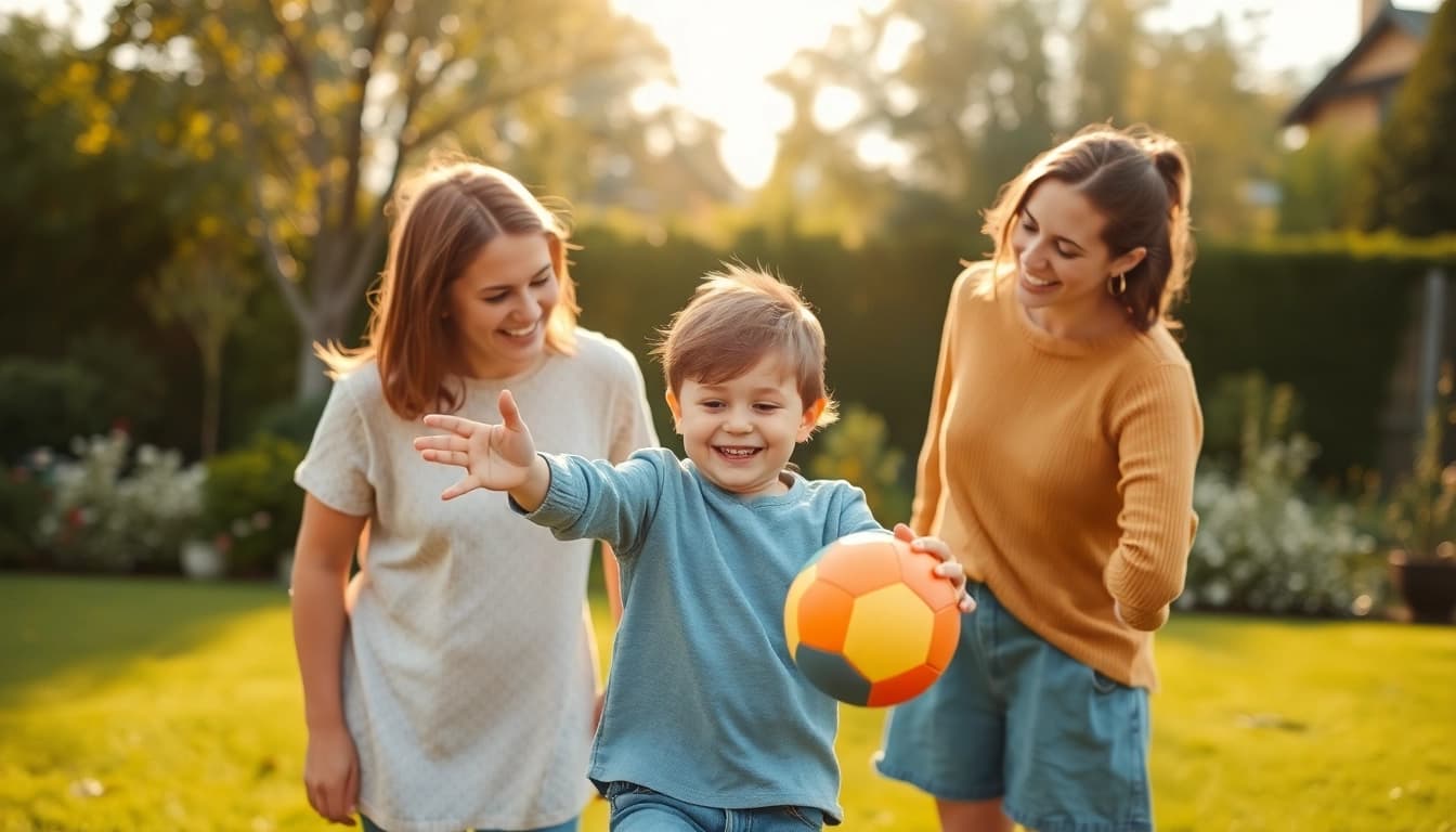 Kindererziehung: Glückliche Familie spielt zusammen im Garten, was die Bedeutung familiärer Bindungen und Vermittlung von Werten verdeutlicht.