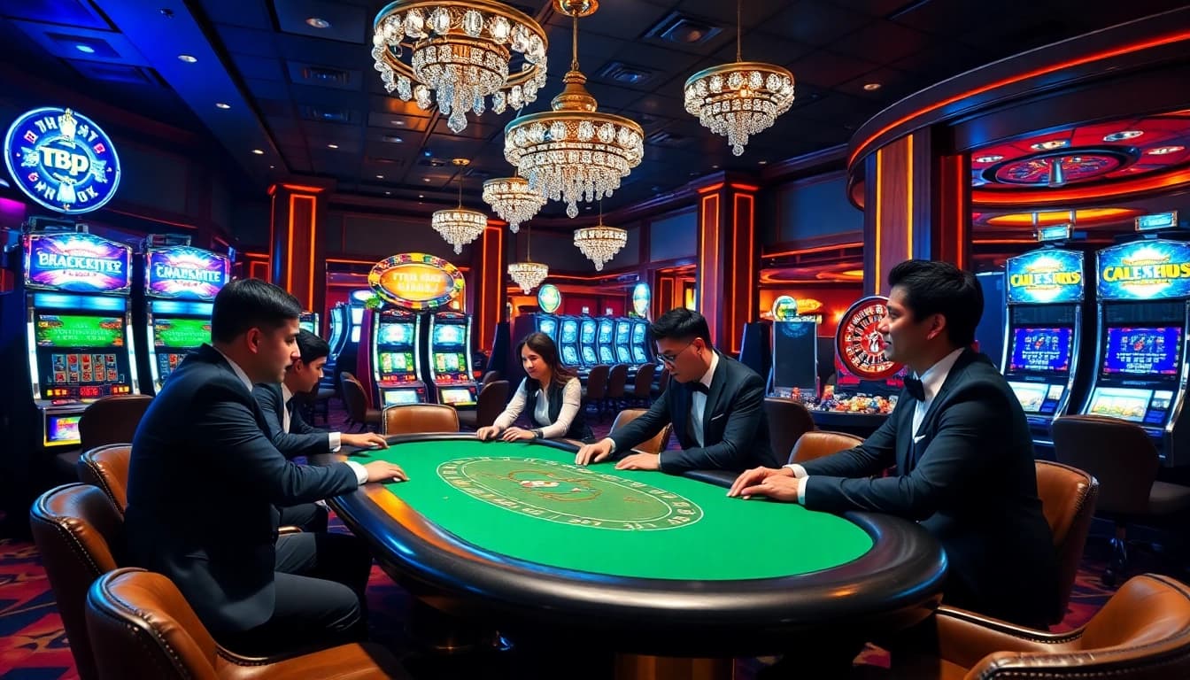 Excited players enjoy a poker game at TPJ in a luxurious casino setting.