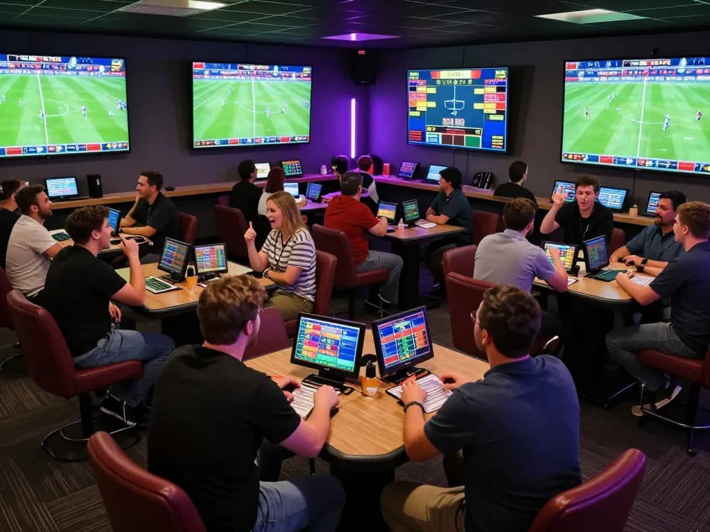 Kèo nhà cái excitement in dynamic sports betting environment with fans cheering and live matches displayed.
