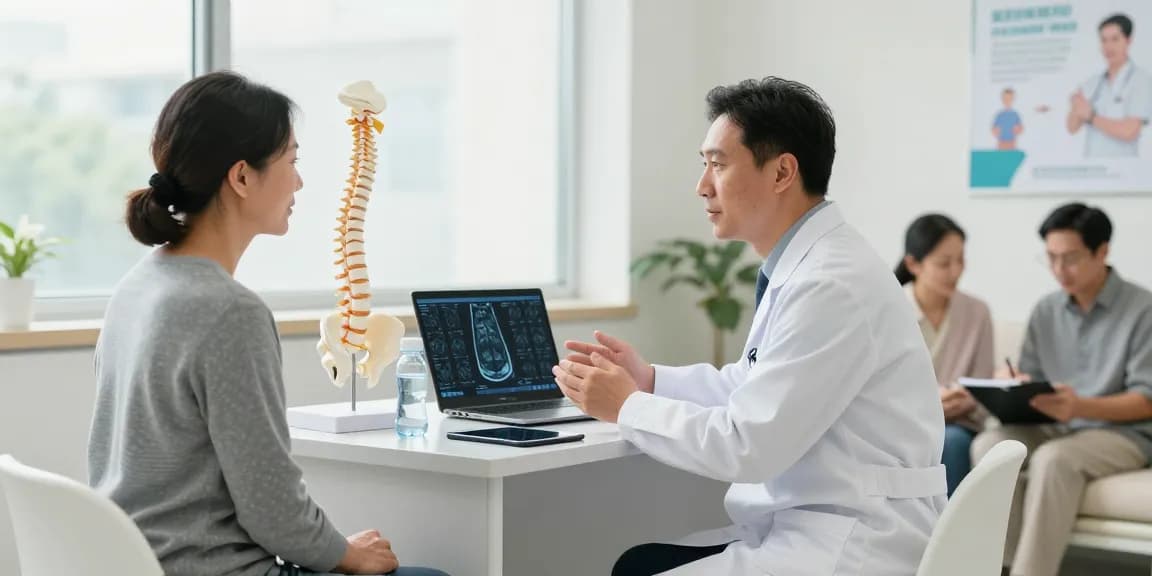 Boyun fıtığı ameliyatı consultation scene highlighting patient-doctor discussion in a modern clinical environment.