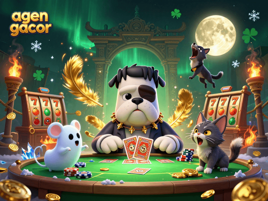 Experience thrilling games at agen gacor with a unique 3D cartoon scene full of vibrant characters and gambling elements.