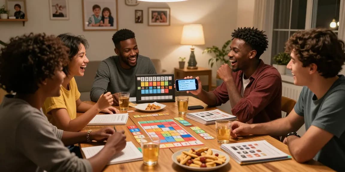 Friends enjoying a quiz night, showcasing the fun of Quiz Allgemeinwissen in a cozy home environment.
