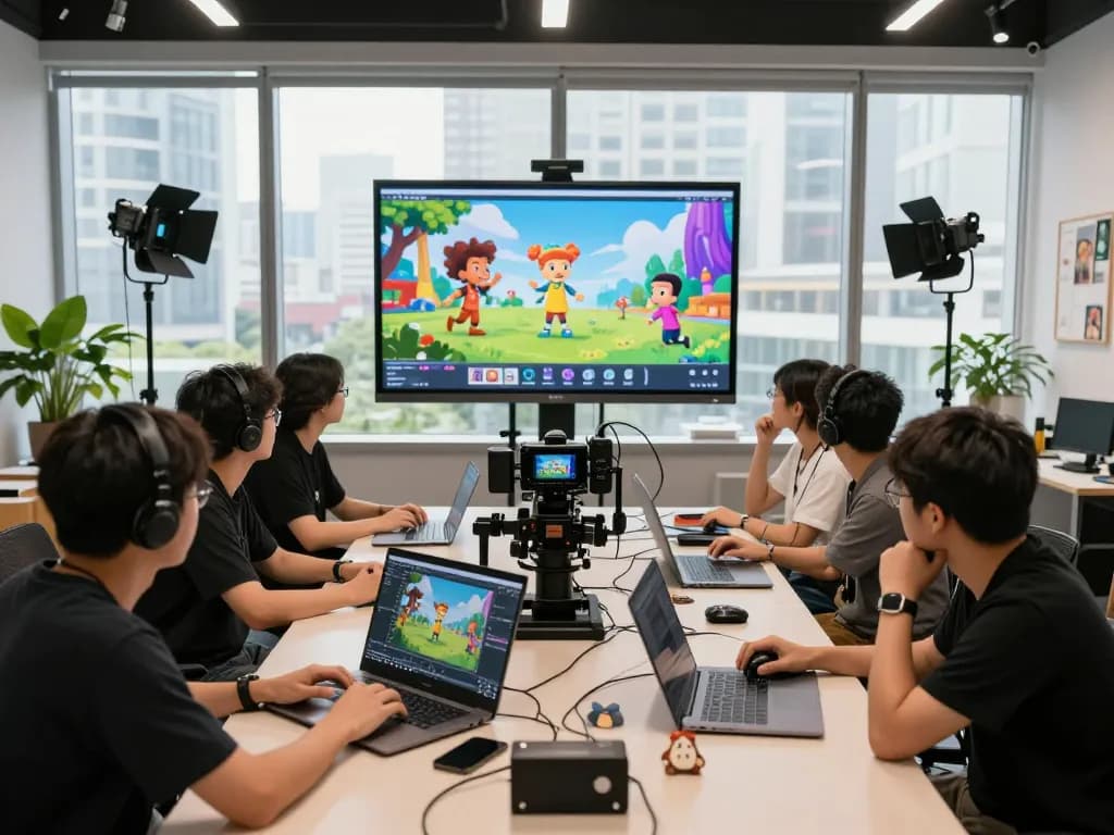 Dynamic team collaborating on motion control animations in a bright studio.