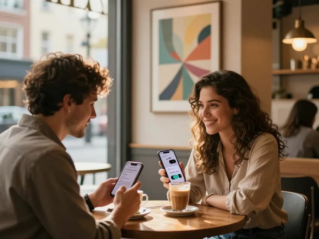 Couple enjoying a playful sexting ai conversation in a coffee shop.
