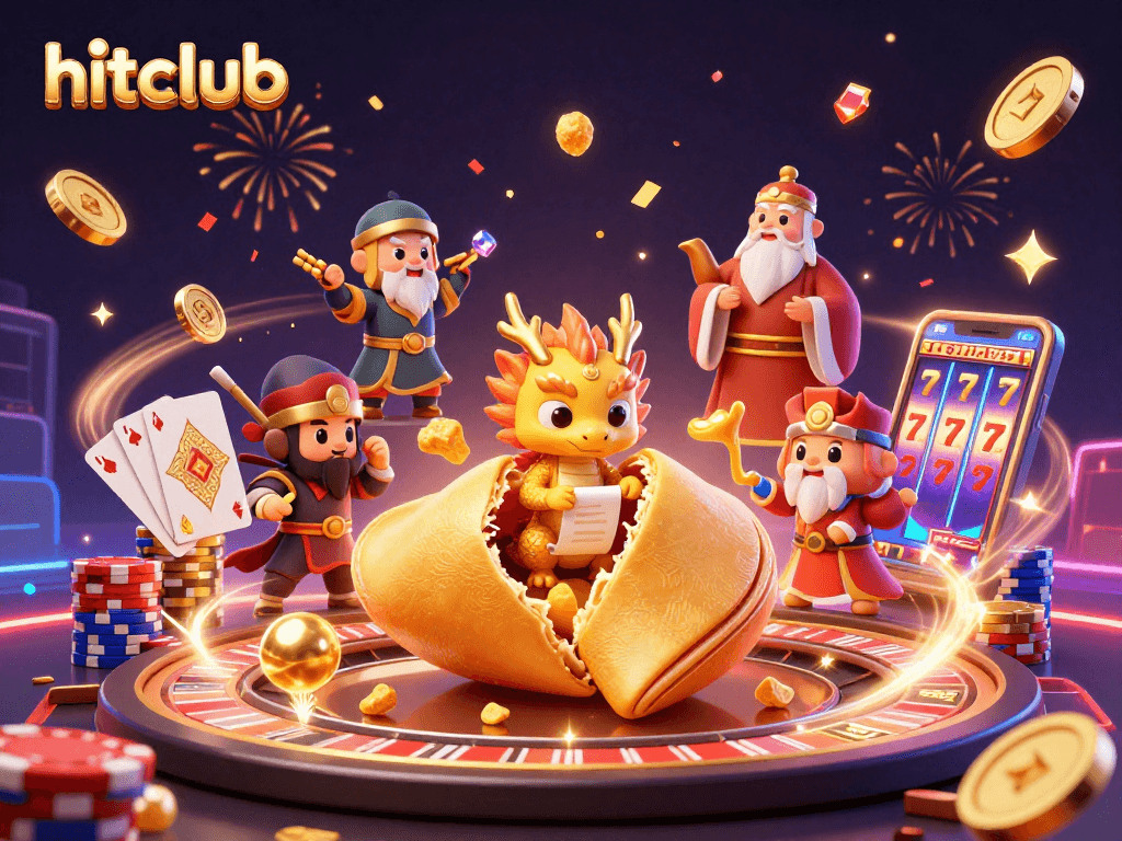 Hitclub offers a vibrant illustration showcasing casino elements like golden coins, roulette wheels, and poker chips.
