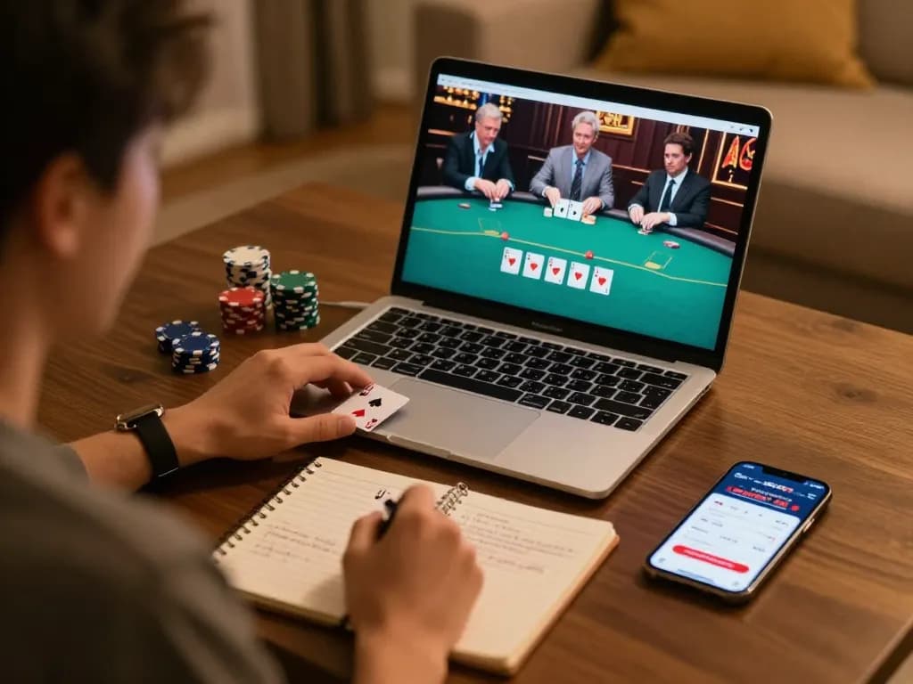 Sun win player analyzing poker strategy while gaming online in a cozy environment.