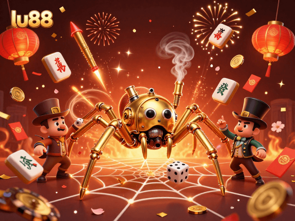 Engaging scenes of luck and fun at lu88 with a golden spider catching dice in a vibrant casino atmosphere.