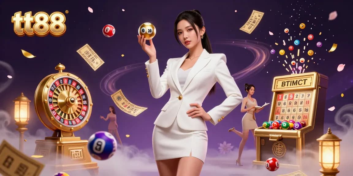 Engage with tt88's vibrant casino experience, featuring a confident player with a golden roulette ball among exciting game elements.