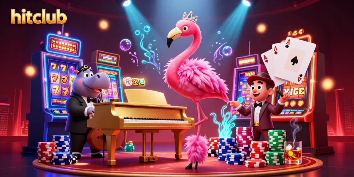 Hitclub showcases a dynamic 3D casino scene with vibrant slot elements and lively characters.
