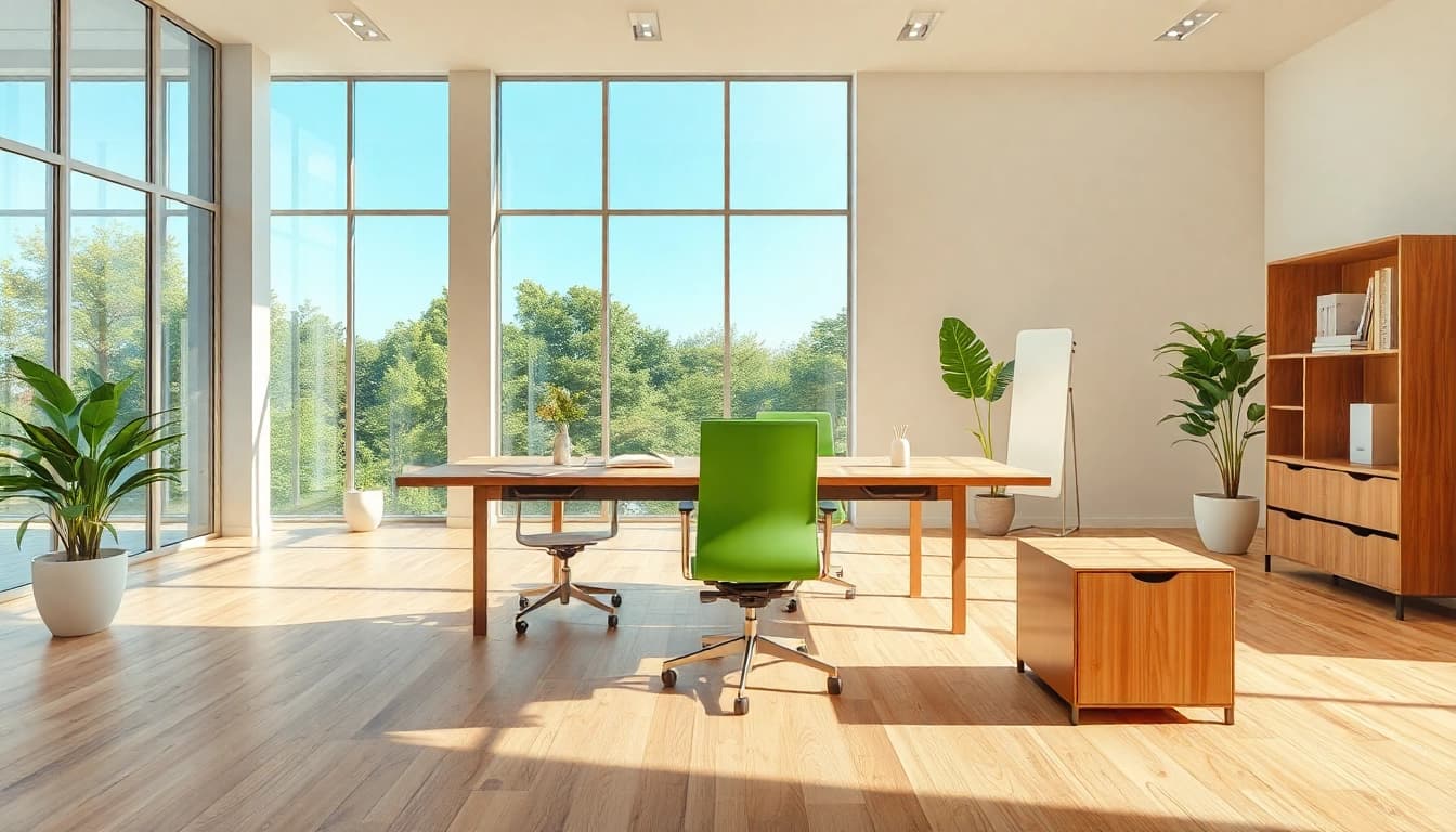 Ein modernes Bürodesign mit stilvollen Büromöbeln, ergonomischen Stühlen und einem eleganten Schreibtisch in einem lichtdurchfluteten Raum.
