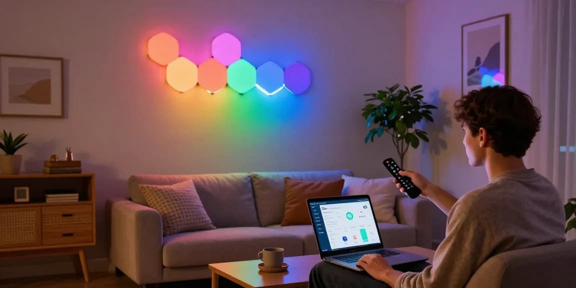 Nanoleaf Lines Erfahrungen showcased in a vibrant living room with dynamic RGB lighting.