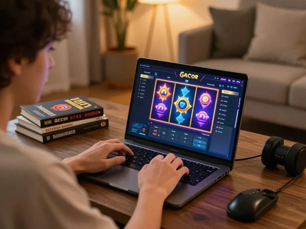 Engaging online gaming scene showcasing slot gacor interface on laptop with cozy atmosphere.