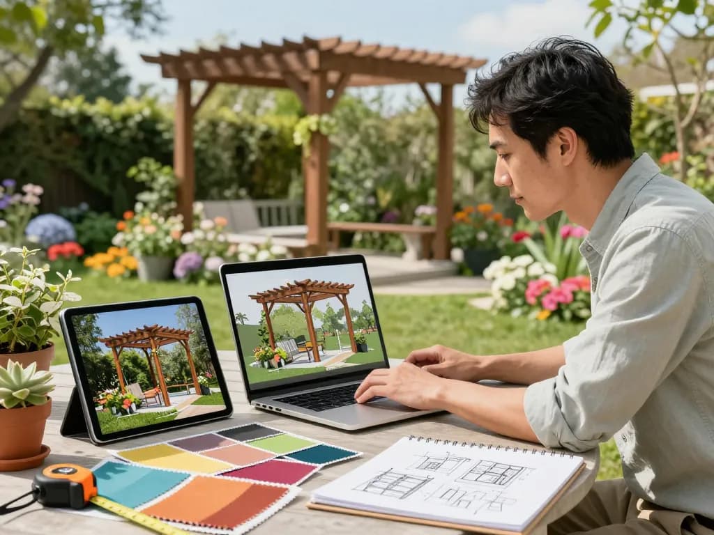 Designer verwenden Software für Pergola-Installateure, um eine individuelle Pergola in einer lebhaften Gartenumgebung zu visualisieren und zu erstellen.