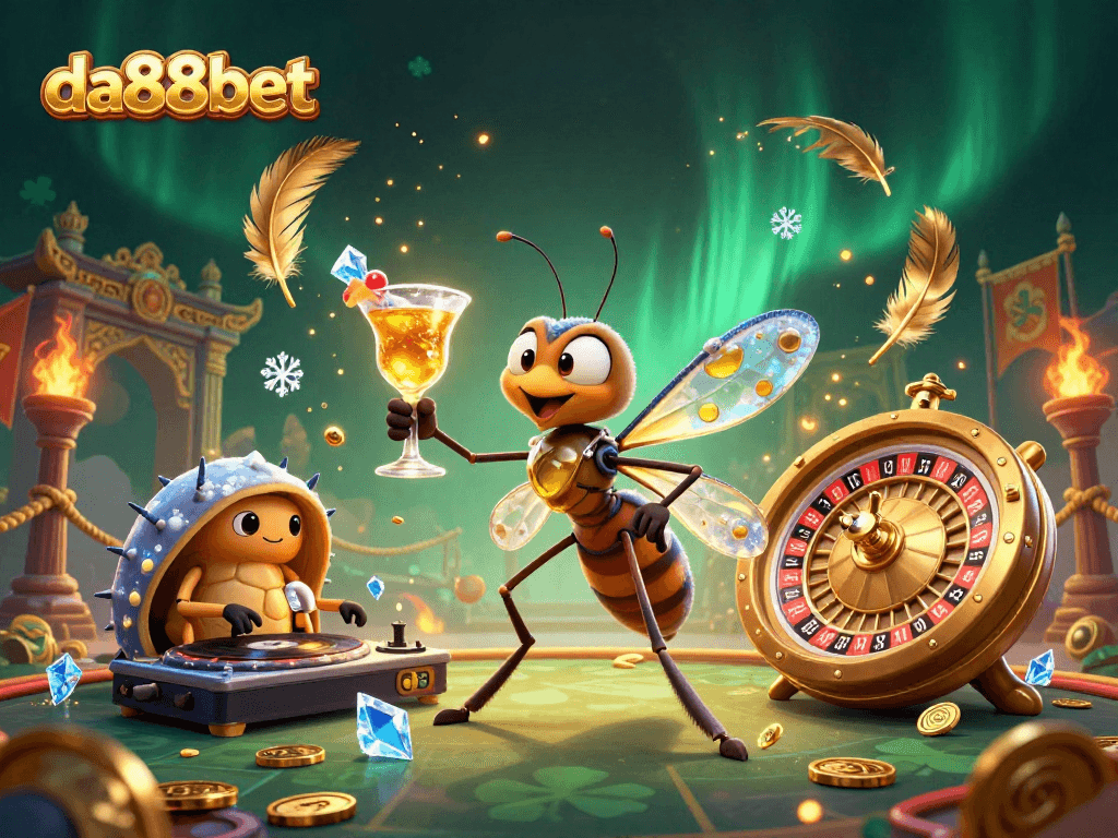Engage with da88bet's thrilling casino scene featuring a revived mosquito mascot and DJ on a vibrant gaming backdrop.