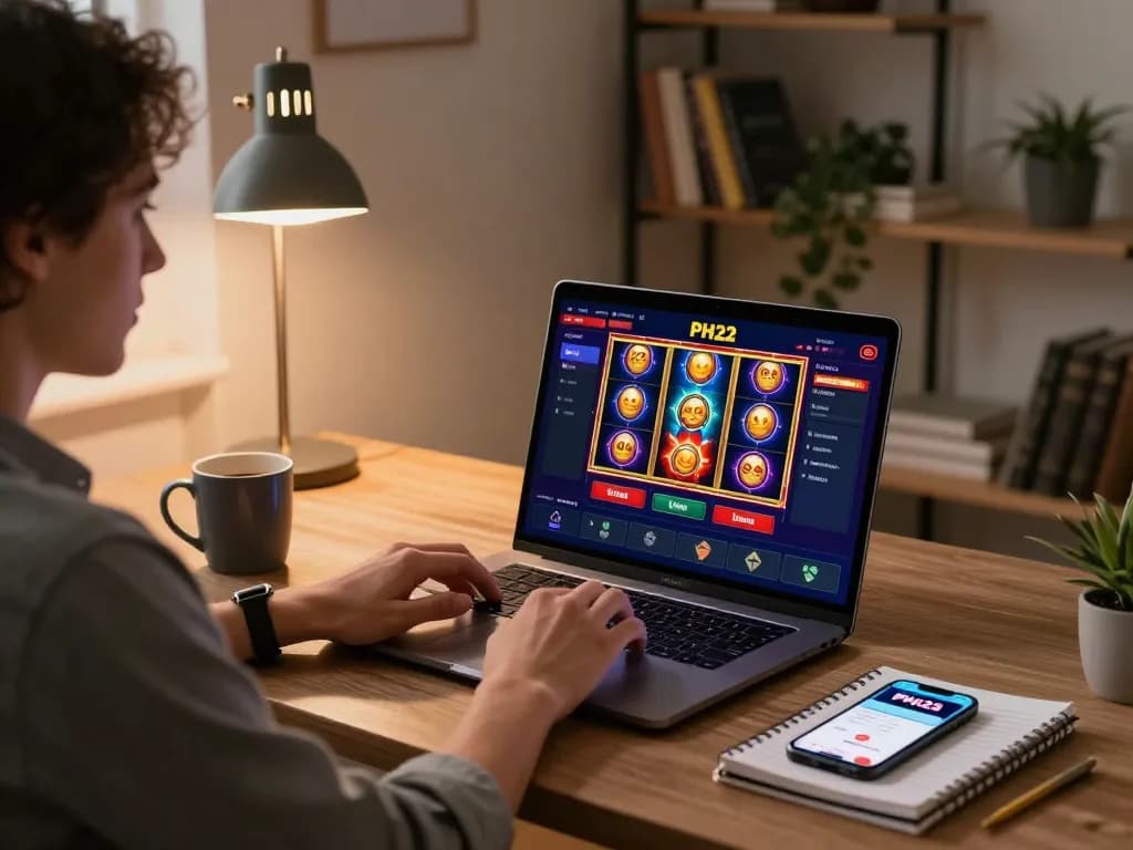 Engaging in strategic online gaming with PH22, showcasing a vibrant casino interface on a laptop in a cozy home setting.