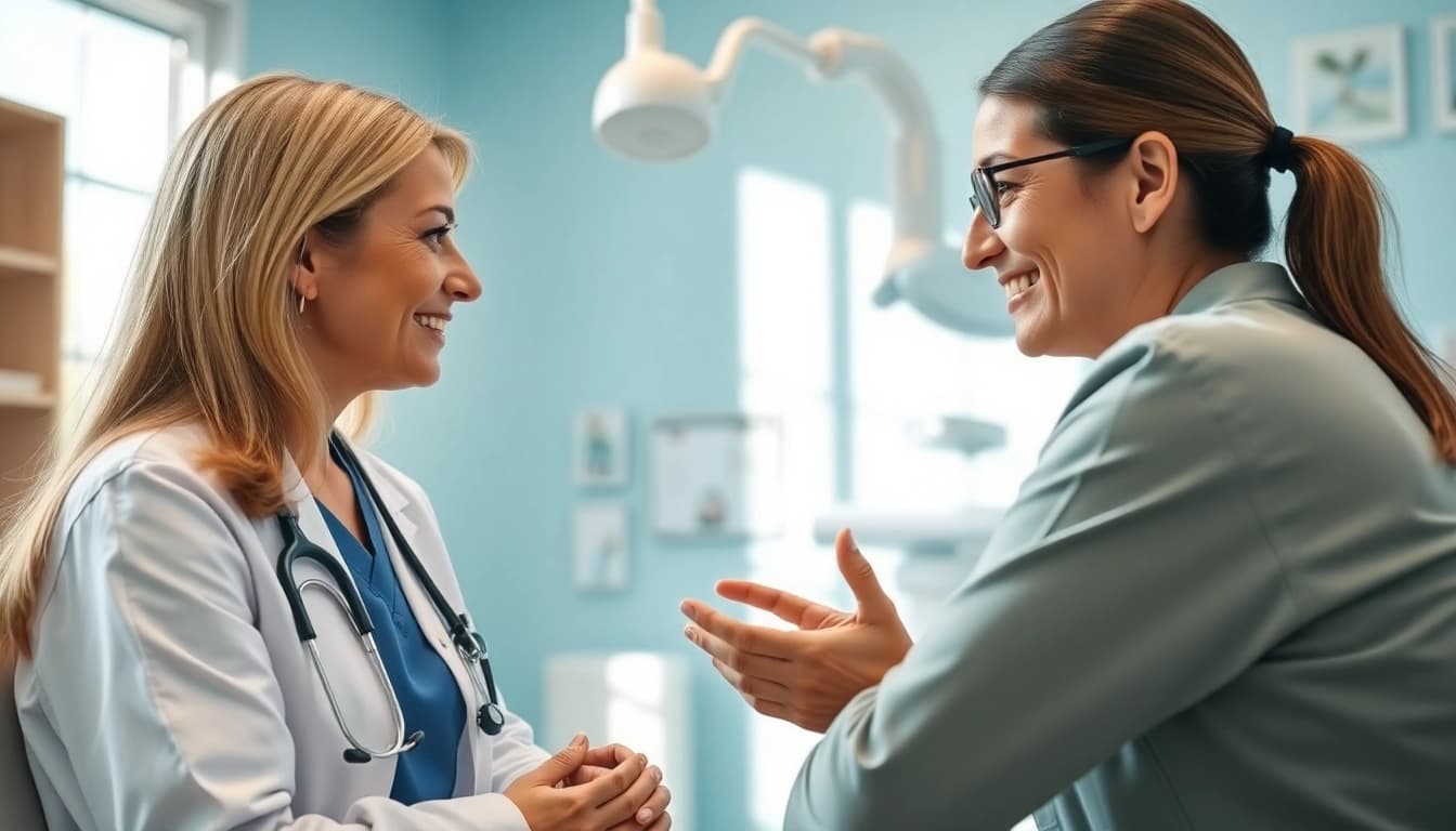 Diskussion über driada medical in einer modernen Arztpraxis zwischen Arzt und Patient.