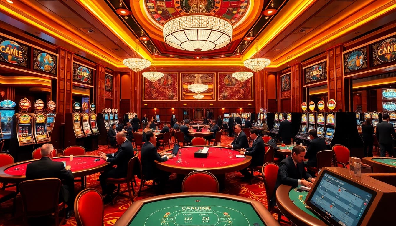 Az online casino játékosai pihennek egy fényűző asztalnál, ahol a játék izgalma érezhető.