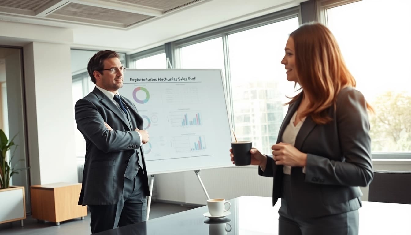 Headhunter Sales Besprechung zwischen einem Headhunter und einem Sales-Profi in einem modernen Büro mit Diagramm auf dem Flipchart.