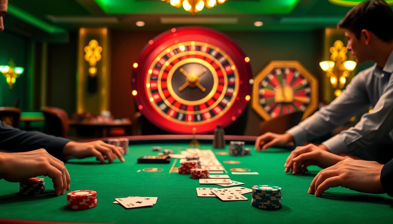 Engaged players enjoying a thrilling poker game at F88BET's luxurious casino table.