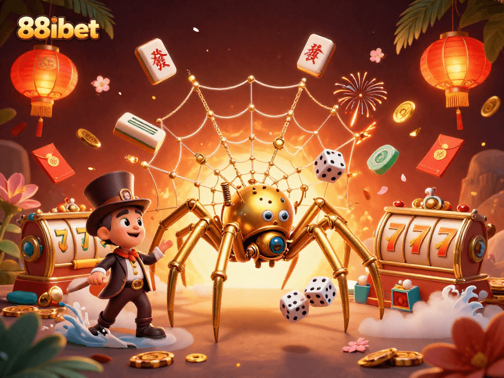 Engage in thrilling action at 88ibet with a vibrant casino adventure illustration full of dynamic game elements.