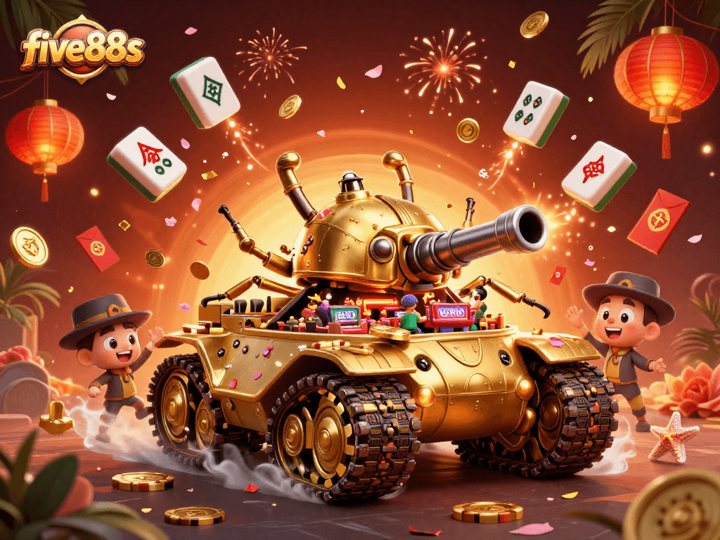 Experience the vibrant world of five88s with a dynamic casino illustration featuring golden beetles and joyful scenes.