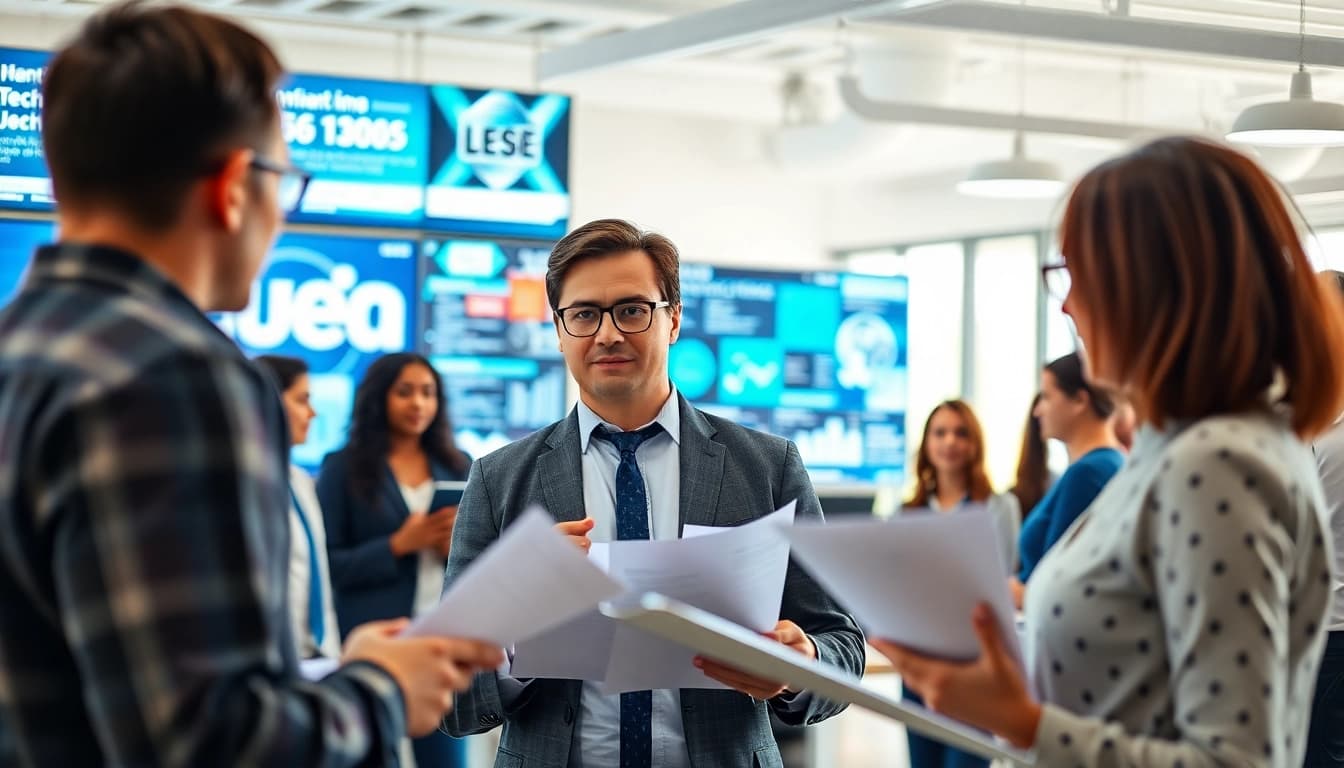 Headhunter IT engaging with qualified candidates in a modern office setting