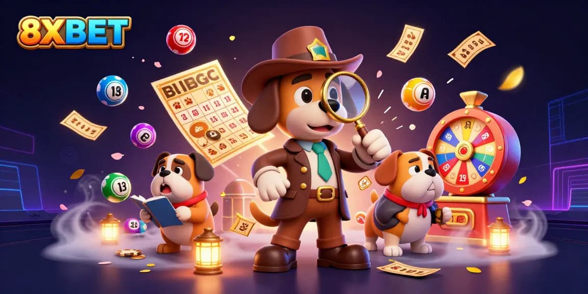 Engage with 8XBET through a vibrant casino scene showcasing fun lottery elements and detective characters exploring clues.