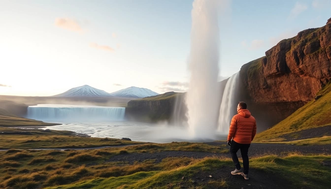Erlebe die faszinierende Reise nach Island mit Gullfoss-Wasserfall und Strokkur-Geysir bei Sonnenuntergang.