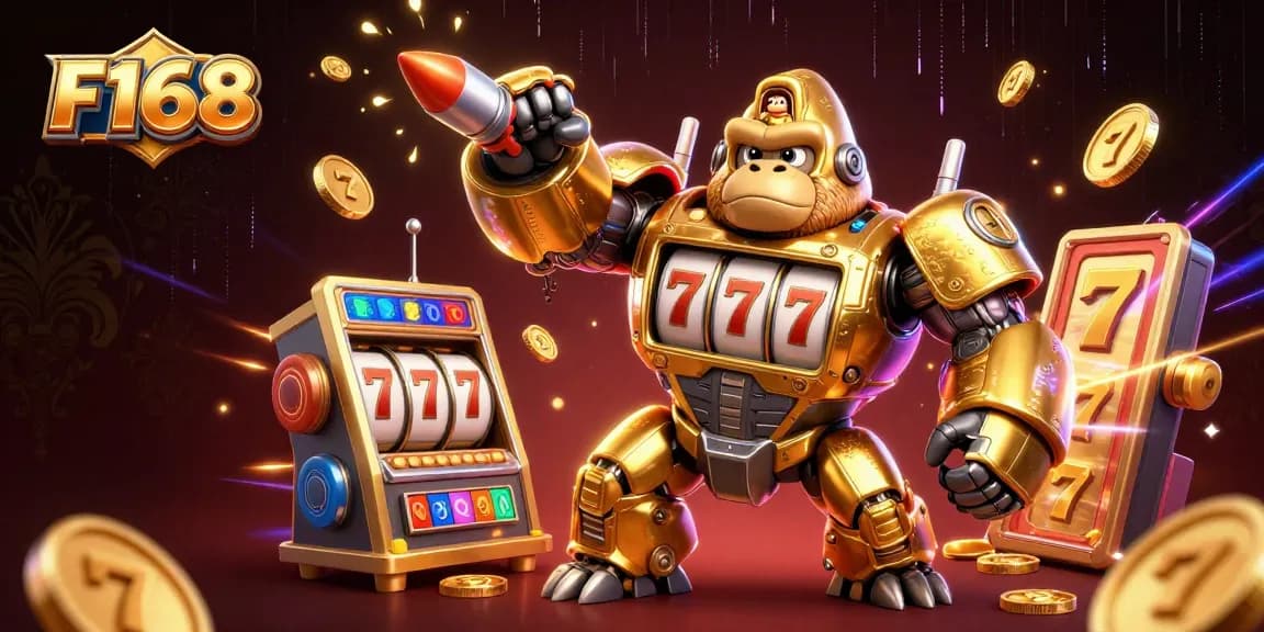 Experience thrilling F168 gameplay with a dynamic golden gorilla mech and spinning slot reels in action.