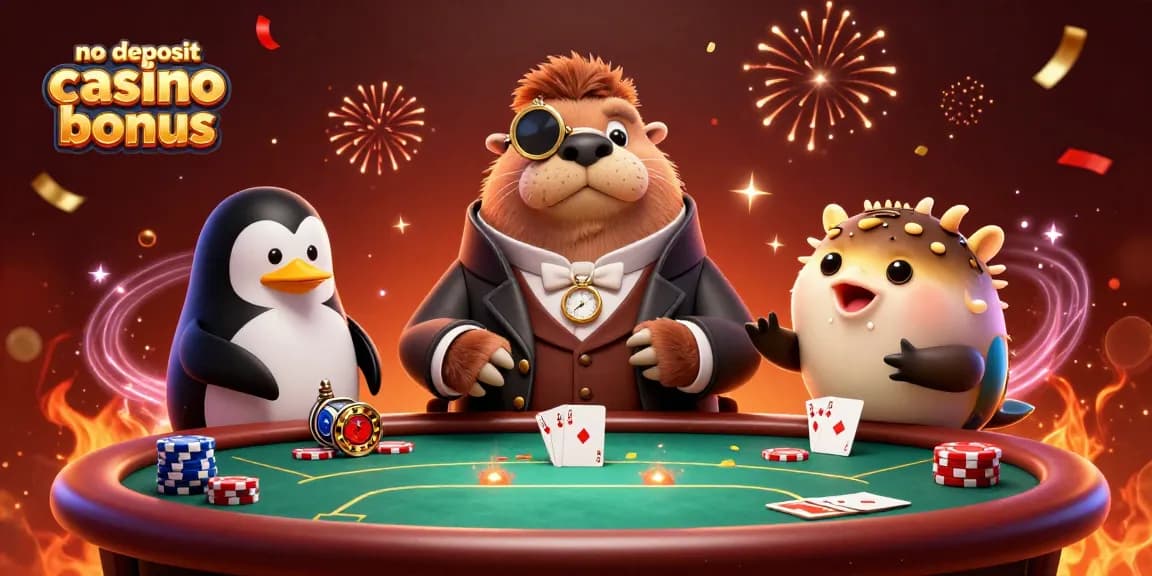 Play the no deposit casino bonus with a walrus, penguin, and pufferfish at an underwater poker table.