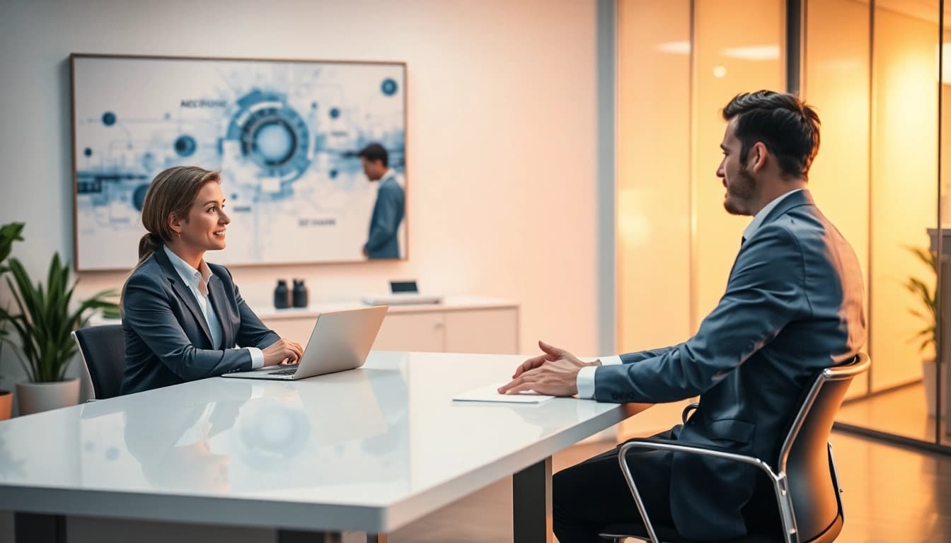 Interview scene between a Headhunter IT and a job candidate in a modern office.